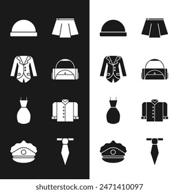 Set Sport bag, Blazer jacket, Beanie hat, Skirt, Woman dress, T-shirt, Tie and Police cap with cockade icon. Vector