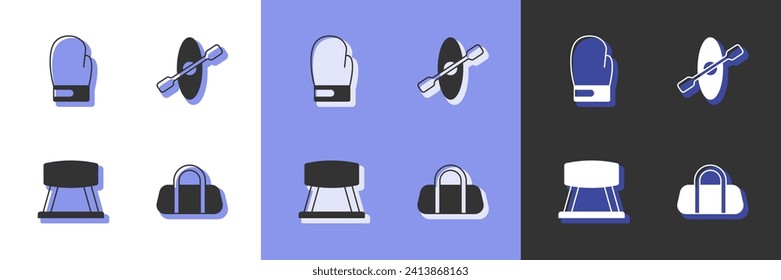 Set Sport bag, Boxing glove, Pommel horse and Kayak and paddle icon. Vector