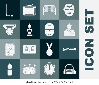 Set Sport bag, Human broken bone, Hockey coach, Ice hockey goal, Award cup, Medal, stick and puck and rink icon. Vector