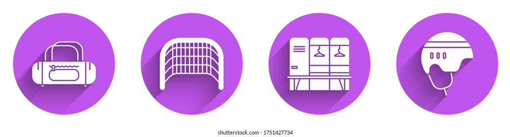 Set Sport bag, Ice hockey goal, Locker or changing room and Hockey helmet icon with long shadow. Vector