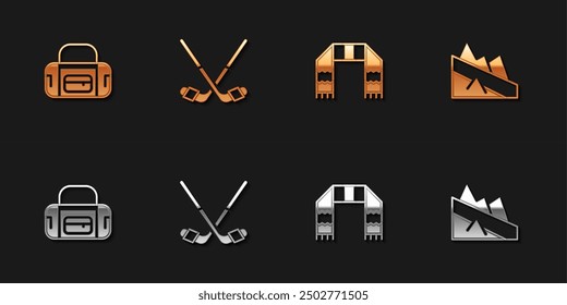 Set Sport bag, Ice hockey sticks, Winter scarf and Mountain descent icon. Vector