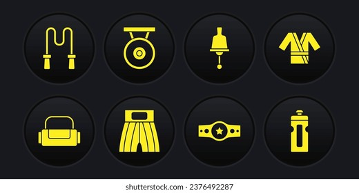 Set Sport bag, Japanese costume Kimono, Boxing short, belt, Ringing bell, Gong, Fitness shaker and Jump rope icon. Vector