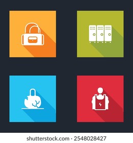 Set Bolsa de deporte, vestuario de armario, peso roto e icono de culturista. Vector