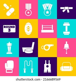 Set Sport bag, Ringing bell, Dumbbell, Medal, American Football ball, Boxing ring board, Vitamin pill and  icon. Vector