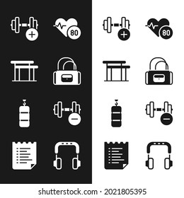 Set Sport bag, Uneven bars, Dumbbell, Heart rate, Punching, Headphones and training program icon. Vector