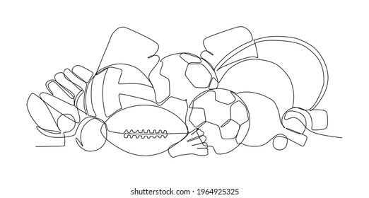 A set of sport ball and equipment - continuous one line drawing