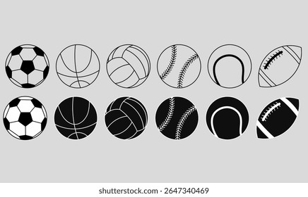 Set of sport ball icons in thin, line,outline and silhouette.soccer, basketball, volleyball, baseball, tennis, and rugby. Perfect for sport apps, infographics, print, or icon packs.
