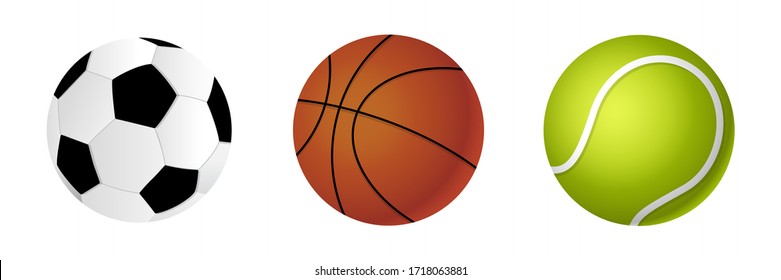 Set of sport ball on white background. Balls for soccer, basketball and tennis. Vector illustration.