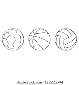 Set of sport ball vector collection isoated on white background. Vector illustration. Football, soccer, basketball, volleyball. Line style.
