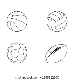 Set of sport ball vector collection isoated on white background. Vector illustration. american Football, soccer, basketball, volleyball. Line style.