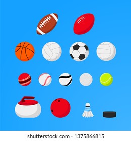 Set of sport balls and attributes. American football, rugby, basketball, volleyball, euro football, golf, tennis, cricket ball, hurling, curling, bowling, badminton, hockey.