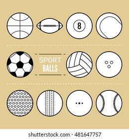 Set of sport balls for games. Flat icons, sports equipment.