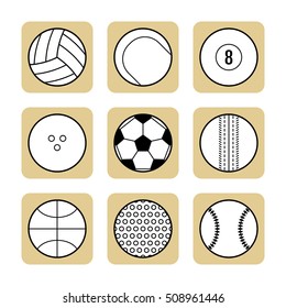 Set of sport balls for games. Flat icons, sports equipment.
