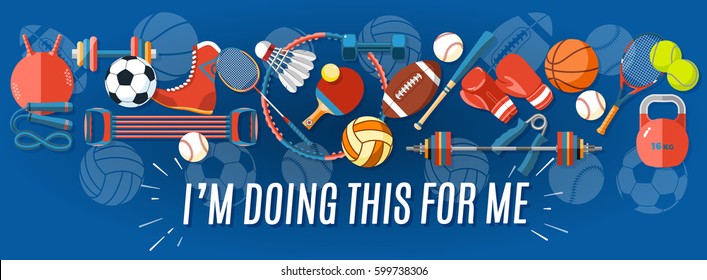 Set of sport balls and gaming items at a blue background. Healthy lifestyle tools, elements. Vector Illustration - Shutterstock ID 599738306