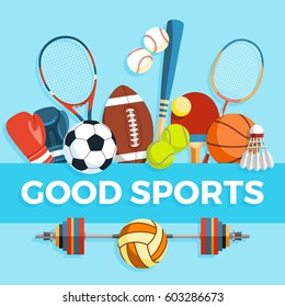 Set of sport balls and gaming items at a blue background. Healthy lifestyle tools, elements. Inscription GOOD SPORTS. Vector Illustration.