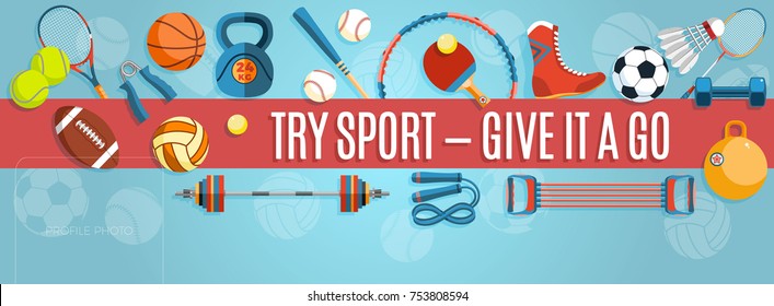 Set of sport balls and gaming items at a blue background. Healthy lifestyle tools, elements. Vector Illustration