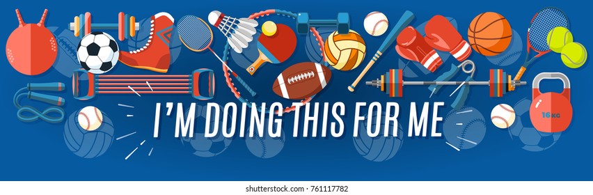Set of sport balls and gaming items at a blue background. Healthy lifestyle tools, elements. Vector Illustration. - Shutterstock ID 761117782