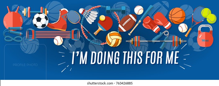 Set of sport balls and gaming items at a blue background. Healthy lifestyle tools, elements. Vector Illustration. - Shutterstock ID 763426885