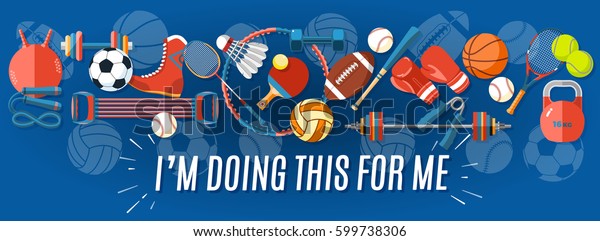 Set of\
sport balls and gaming items at a blue background. Healthy\
lifestyle tools, elements. Vector\
Illustration