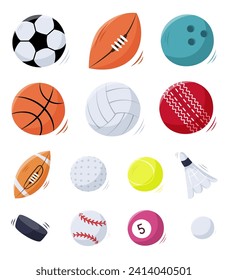 Set of sport balls in hand draw style isolated on white.Soccer, football,rugby,bowling,basketball,volleyball, cricket,golf, tennis, shuttlecock badminton,hockey puck,baseball, billiard,ping pong.