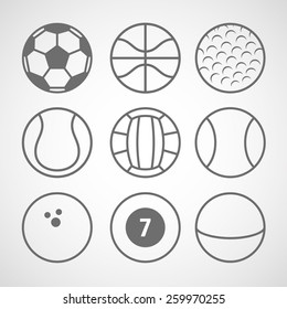 set of sport balls icon. linear art. black and white style