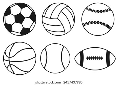 Set of sport balls icon vector illustration, black line art