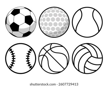Set of sport balls icon vector illustration, black line art