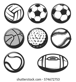 Set of sport balls icons. ball set for soccer and tennis, rugby. Basketball and football balls illustration. Design elements for logo, label, emblem, sign, brand mark. Vector illustration.