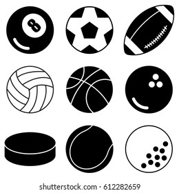 Set of sport balls icons isolated on white background. Ball for billiard, american football, tennis, bowling, baseball, golf, basketball, football icons.