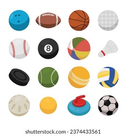 Set of Sport Balls Isolated Element Objects with Polo, Basketball, Beach, Wiffle, Tennis, Bossaball, Soccer, Volleyball, Football. Game Competition. Flat Style Icon Vector Illustration