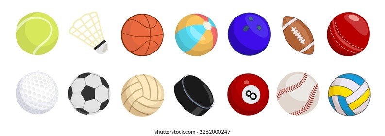 Conjunto de bolas deportivas aisladas sobre fondo blanco. Ilustración vectorial. 