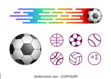 Set of sport balls isolated. Realistic soccer ball rapidly flies forward with a shadow tail of bright brush strokes. Symbol of football. Flat design with blank space for banners, posters, cards, flyer