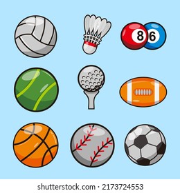 Set of Sport Balls and object equipment for exercise, Volleyball, Shuttlecock, Pool, Golf, Rugby, Tennis, Basketball, Soccer, drawing cartoon style, vector illustration