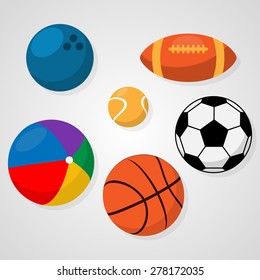  Set of sport balls on white background soccer or football, basketball, rugby, tennis, bowling, beach ball. Healthy recreation, leisure. Activities for team and individual playing Vector illustration