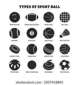 Set of Sport Balls silhouette Isolated Element Objects with Polo, Basketball, Beach, Wiffle, Tennis, Bossaball, Soccer, Volleyball, Football. Game Competition. Flat Style Icon Vector Illustration