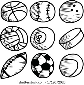 Set of sport balls such as basketball, soccer, rugby, volleyball, billiard, baseball, golf suitable for sport doodle and cartoon theme design