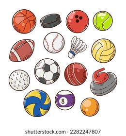 Set of sport balls vector illustration. Sport balls icon hand-drawn. Basket ball, soccer ball, pool ball, shuttle cook, golf ball, bowling, curling stone, table tennis, water polo.