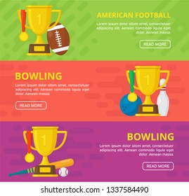 Set of sport banners. Baseball, bowling, football template. Gold winner champion cup with medal. Vector design illustration. Flat style icon.