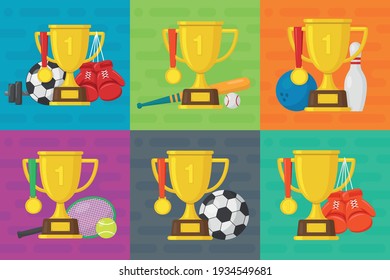 Set of sport banners. Baseball, boxing, bowling, football, tennis, template. Gold winner champion cup with medal. Vector design illustration. Flat style icon.