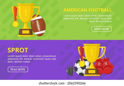 Set of sport banners. Baseball, boxing, bowling, football, basketball, tennis, ping-pong, fitness, american football template. Gold winner champion cup with medal. Vector design illustration. Flat sty