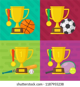 Set of sport banners. Baseball, football, basketball, tennis template. Gold winner champion cup with medal. Vector design illustration. Flat style icon.