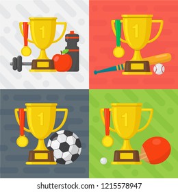 Set of sport banners. Baseball, ping-pong, fitness, football template. Gold winner champion cup with medal. Vector design illustration. Flat style icon.