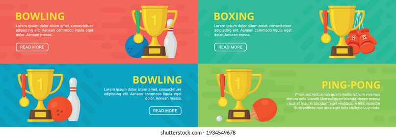 Set of sport banners. Boxing, bowling, ping-pong template. Gold winner champion cup with medal. Vector design illustration. Flat style icon.