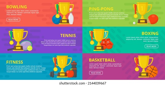 Set of sport banners. Boxing, bowling, basketball, tennis, ping-pong, fitness template. Gold winner champion cup with medal. Vector design illustration. Flat sty