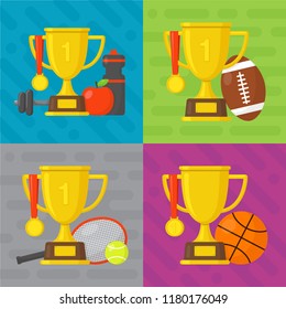 Set of sport banners. Fitness, baseball, tennis,  basketball template. Gold winner champion cup with medal. Vector design illustration. Flat style icon.