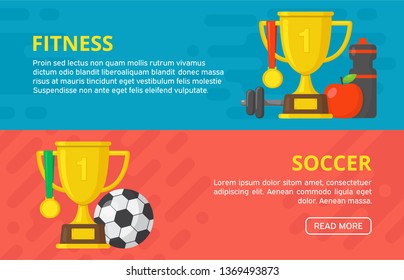 Set of sport banners. Football,  fitness template. Gold winner champion cup with medal. Vector design illustration. Flat style icon.