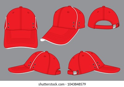 Set sport baseball cap design eyelets style red/white colors with white line piping and silver buckle strap vector.