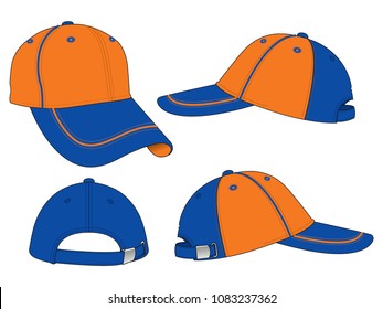 Set Sport Baseball Cap Design Orange/Blue With Lines Piping And Buckle Strap Vector.