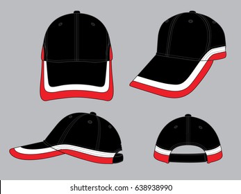 Set Sport Baseball Cap Design With Black-White-Red and Adjustable Hook-Loop Tape Strap Vector.