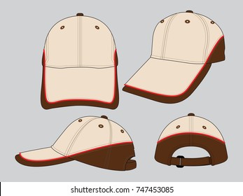 Set Sport Baseball Cap Design Cream/Brown And Red Line Piping, Hook And Loop Strap.